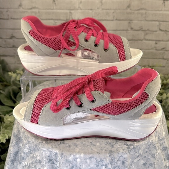 FASHION - Pink & Gray Mesh Knit Open Toe Platform Muffin Sandals WMS 7M🩷NWOT🩶 - Picture 6 of 11